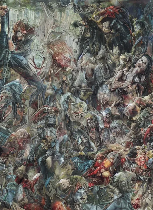 Prompt: realistic detailed image of zombies attacking a mall by Ayami Kojima, Amano, Karol Bak, Greg Hildebrandt, and Mark Brooks, Neo-Gothic, gothic, rich deep colors. Beksinski painting, part by Adrian Ghenie and Gerhard Richter. art by Takato Yamamoto. masterpiece