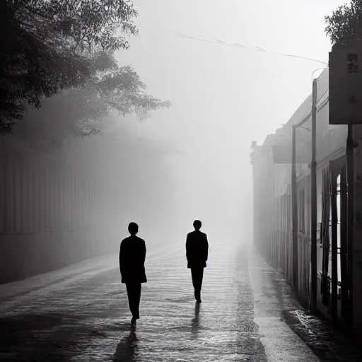 Image similar to people going to their office walking on wide side road,misty morning with long shadows,fan ho photography