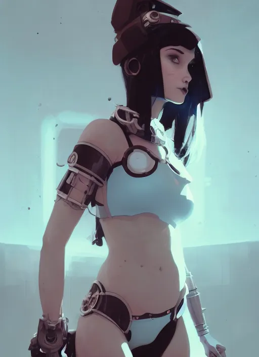 Image similar to portrait of cute goth girl in bikini cyborg armor, warhammer, by atey ghailan, by greg rutkowski, by greg tocchini, by james gilleard, by joe gb fenton, by in kaethe butcher, dynamic lighting, gradient light blue, brown, blonde cream and white color in scheme, grunge aesthetic
