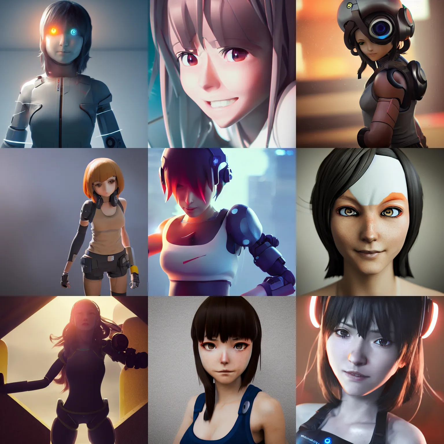 Prompt: portal game valve, anime!!! cyborg photo - realistic woman!!!! soft running, ( shy smiling face ), symetric anime! eyes, rembrandt, octane render, artstation, 5 0 mm, depth of field