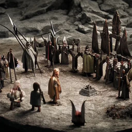 Image similar to claymation action shot of the council of the ring, lotr, dramatic lighting, creepy, dslr, tilt shift, extremely textured, realistic hyper detailed