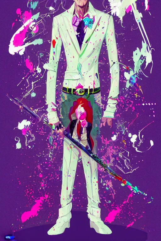 Image similar to wealthy male half necromancer, made of white gucci fabric, pixiv fanbox, dramatic lighting, maximalist pastel color palette, splatter paint, pixar and disney exploded - view drawing, graphic novel by fiona staples and dustin nguyen, peter elson, alan bean, wangechi mutu, clean cel shaded vector art, trending on artstation