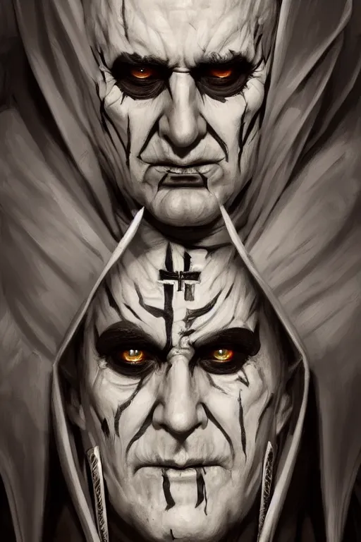 Prompt: portrait of an evil pope with black and white face paint plotting against humanity, ghost, Papa Emeritus, highly detailed, digital painting, artstation, concept art, sharp focus, illustration, art by artgerm and greg rutkowski and alphonse mucha