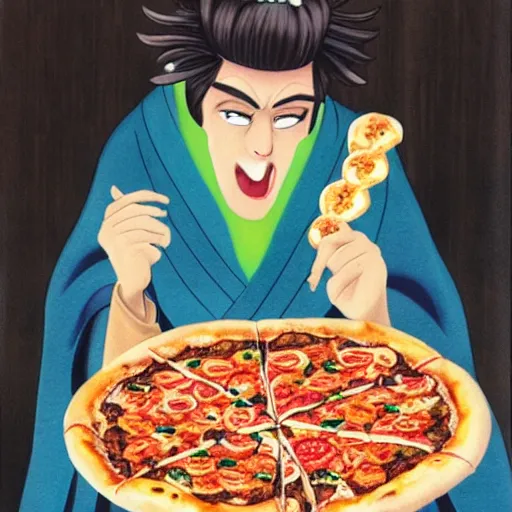 Image similar to hades in kimono eating pizza