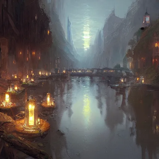 Prompt: concept art, river lanterns, by james gurney, greg rutkowski, john howe, artstation