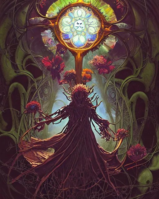 Prompt: the platonic ideal of flowers, rotting, insects and praying of cletus kasady carnage davinci dementor chtulu mandala howl's moving castle dinotopia bioshock the witcher, fantasy, ego death, decay, dmt, psilocybin, concept art by randy vargas and greg rutkowski and ruan jia and alphonse mucha