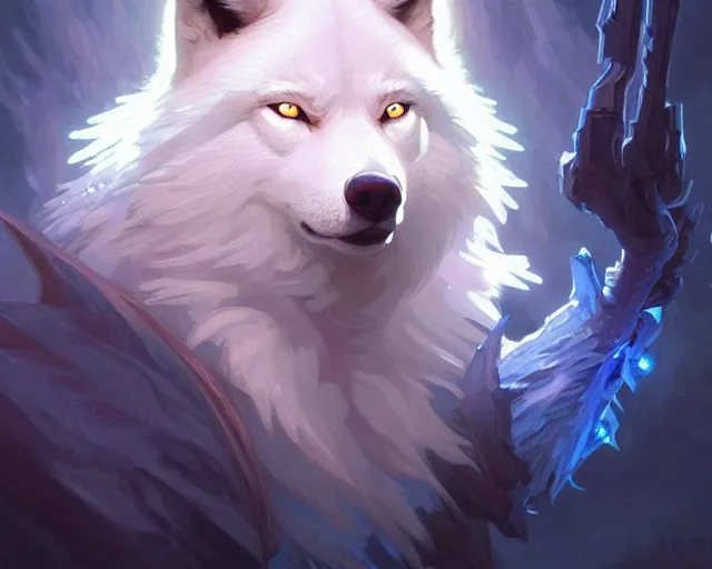 Image similar to albino wolf with blue eyes, backlight, rim lighting, deep focus, d & d, fantasy, intricate, elegant, highly detailed, digital painting, artstation, concept art, matte, sharp focus, illustration, hearthstone, art by artgerm and greg rutkowski and alphonse mucha