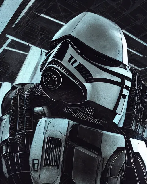 Prompt: a macro closeup film still photo of the chrome stormtrooper terminator skull warror in a massive mass effect halo robot factory at night,blue haze, volume metric lighting, retracing, unreal, concept art cyperpunk video game poster design with intricate details :: action, gears of war, smoke, post apocalyptic, deathstar, Battlestar Galactica, neon lighting, lens flare, rich vibrant colors, High contrast, blizzard concept artist, acrion, Ralph McQuarrie, Roger Deakins, syd mead