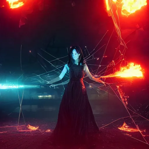 Image similar to a girl like yoona, casting fire spell, background cyberpunk spaceship, full shot, photo, geometries, Fibonacci volumetric lighting, epic composition, intricate details, dark neon punk, by denis villeneuve