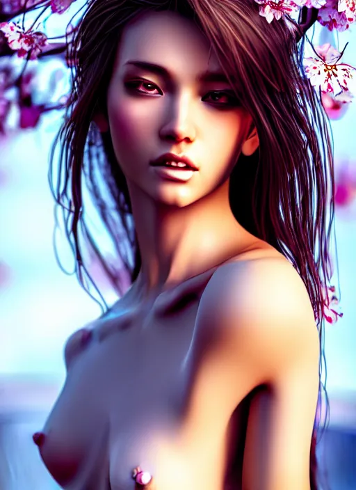 Image similar to photo of a gorgeous female with messy hair in the style of stefan kostic, realistic, body shot, sharp focus, 8 k high definition, insanely detailed, intricate, elegant, art by stanley lau and artgerm, cherry blossoms