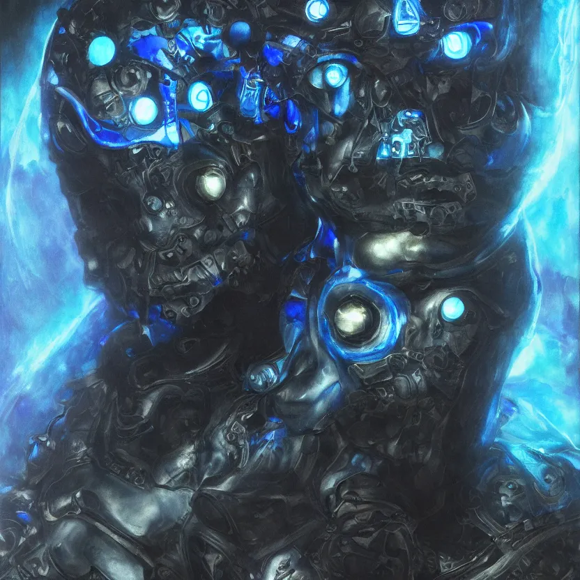 Prompt: neoclassicist singularity renaissance portrait of cyborg blue demon seated with big glowing eyes, with high tech body interface. iridescent textures. highly detailed fantasy science fiction painting. highly detailed fantasy science fiction painting by vrubel and chris cunningham. dark and volumetric. artstation