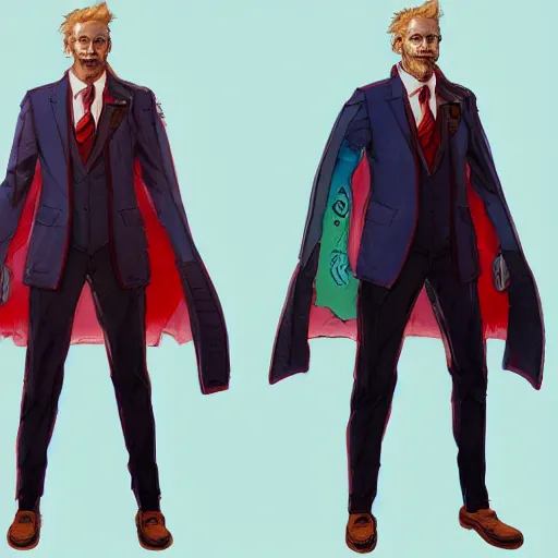 Image similar to vivid colors, character sheet, fine details, front view, greg rutkowski, kim jung gi, human, suit vest, longcoat