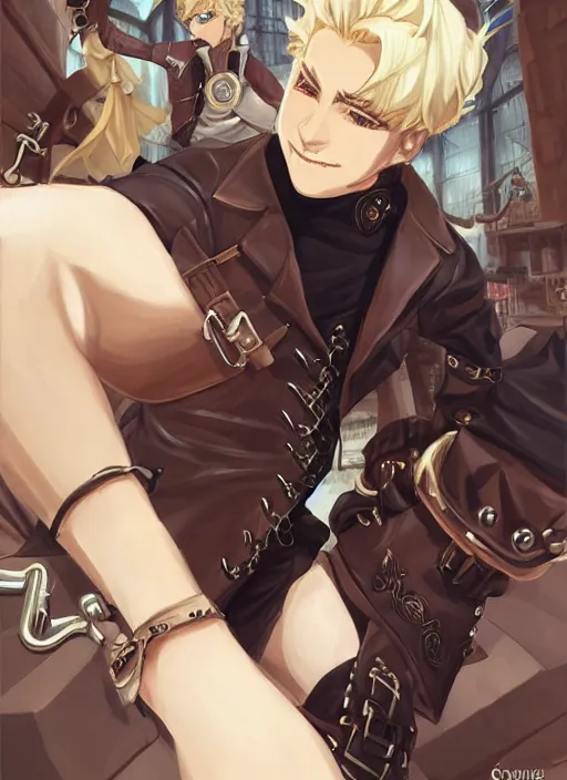 Image similar to a blonde boy thief in leathers with a steampunk armband in the style of krenz cushart