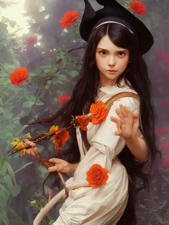 Prompt: Full shot of a cute mischievous young witch about to get up to some trouble. Latin American fashion. Floral patterns. Black and Orange palette. Latina girl. brown skin. defined facial features, symmetrical facial features. By Ruan Jia and Artgerm and Range Murata and WLOP and Ross Tran and William-Adolphe Bouguereau. Key Art. Fantasy Illustration. award winning, Artstation, intricate details, realistic, Hyperdetailed, 8k resolution.