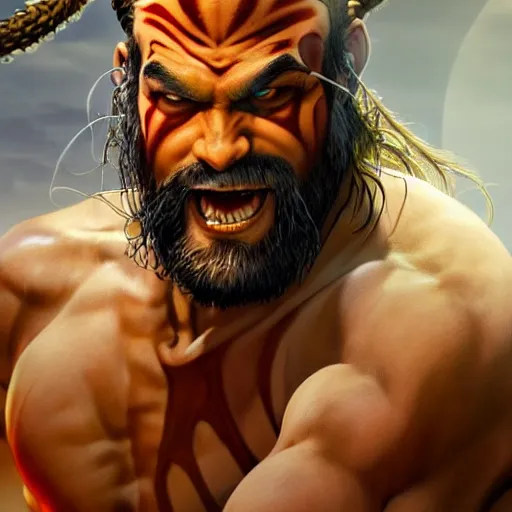 Image similar to jason momoa as dhalsim street fighter, ultra realistic, concept art, intricate details, highly detailed, photorealistic, octane render, 8 k, unreal engine, art by frank frazetta, simon bisley, brom