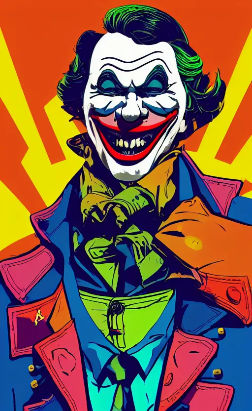 Image similar to individual joker portrait fallout 7 6 retro futurist illustration art by beeple, sticker, colorful, illustration, highly detailed, simple, smooth and clean vector curves, no jagged lines, vector art, smooth andy warhol style