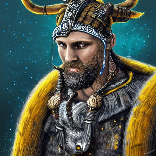 Image similar to mythological viking Shaman of artificial intelligence creating an artificial neural network with yellow synapses on an anvil, high resolution, award winning art, trending on art station, sharp image, incredibly detailed, detailed character realistic painting