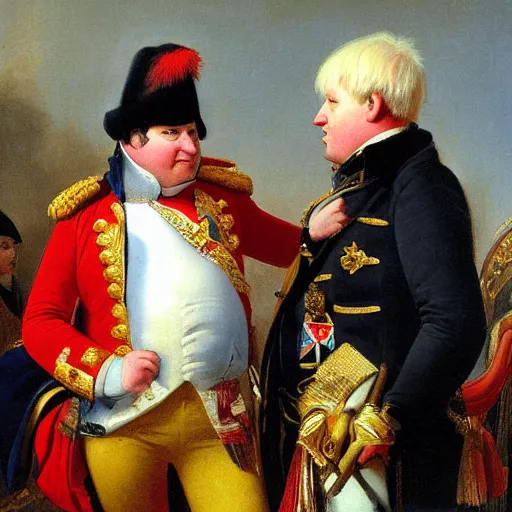 Prompt: boris johnson speaking with napoleon bonaparte painting by antoine - jean gros, realistic painting, 1 9 th century