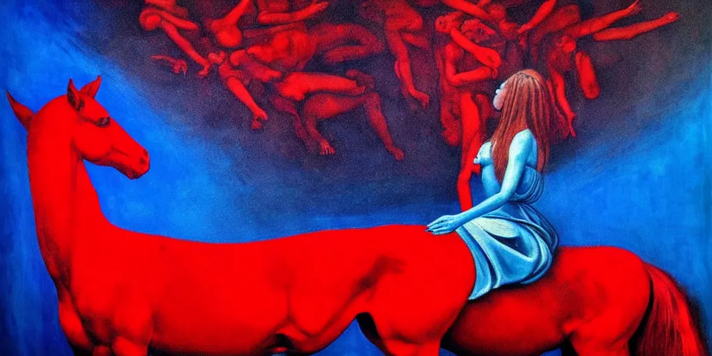 Image similar to only with blue, ney motogrosso in love with a red stallion, too many hands in all directions, in hoc signo vinces, waterfall, in the style of leonora carrington, gottfried helnwein, intricate composition, blue light by caravaggio, insanely quality, highly detailed, masterpiece, red light, artstation