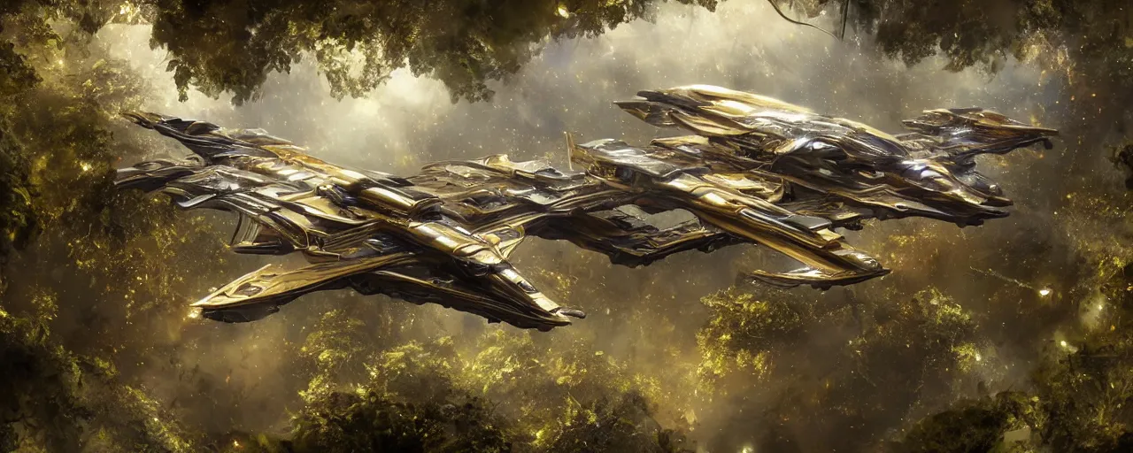 Image similar to a futuristic scientific flying steampunk fighter ship elegant, smooth, ornate with gold trimmings, by Craig Mullins and Scott Robertson, large steampunk space port inside a lush rainforest background by Dylan Cole and federico pelat, cinematic dappled lighting, hyper detailed hyper detailed, 8k, ultra realistic, cinematic lighting, ultra wide 35mm lens