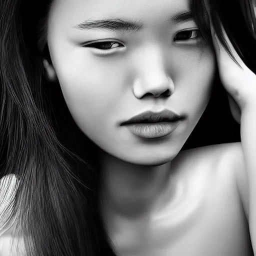 Prompt: a black and white photo of a woman's face, a hyperrealistic painting by wu daozi, cg society contest winner, hyperrealism, hyper realism, ethereal, deviantart