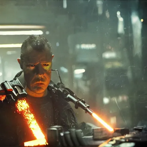 Image similar to gun made from old egg beater, balding older cyborg repairing, red hot soldering iron, dark messy smoke - filled cluttered workshop, dark, dramatic lighting, orange tint, cinematic, highly detailed, sci - fi, futuristic, movie still from blade runner