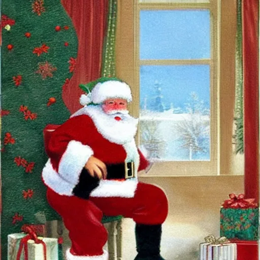 Prompt: santa claus sitting on the toilet in the style of currier & ives