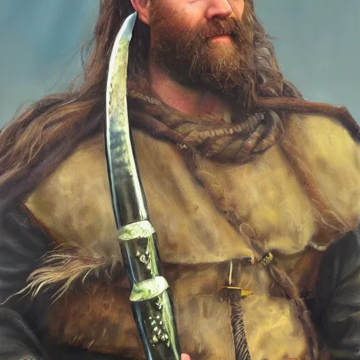 Image similar to oil painting of sean mcloughlin as an irish viking in the style of steve argyle, fantasy painting