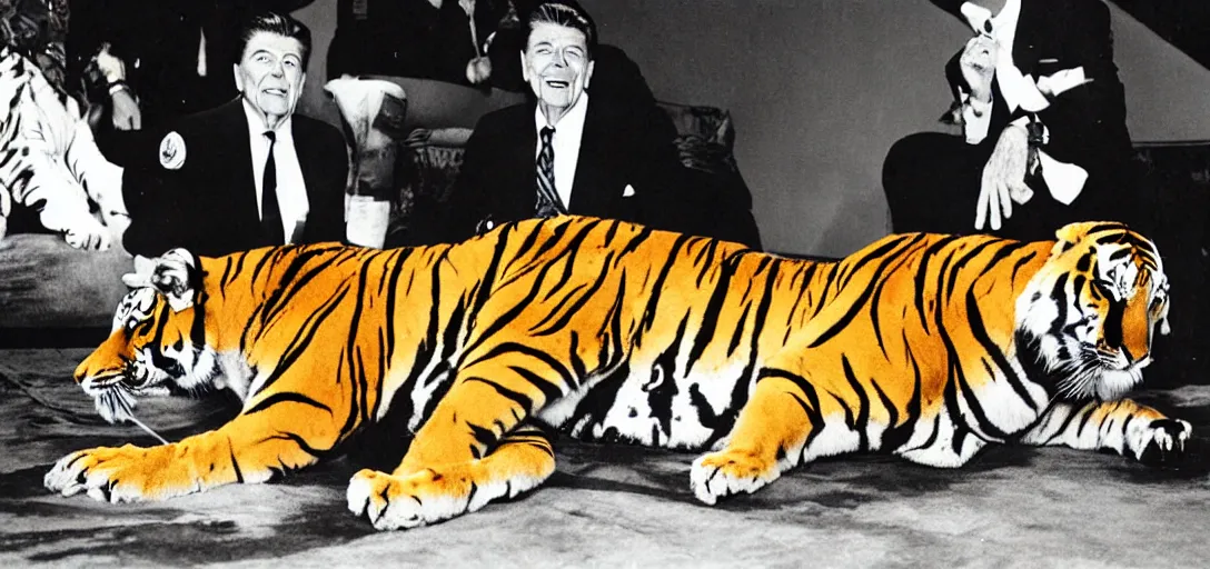 Image similar to [ ronald reagan sitting in chair with a tiger lying at his feet ]