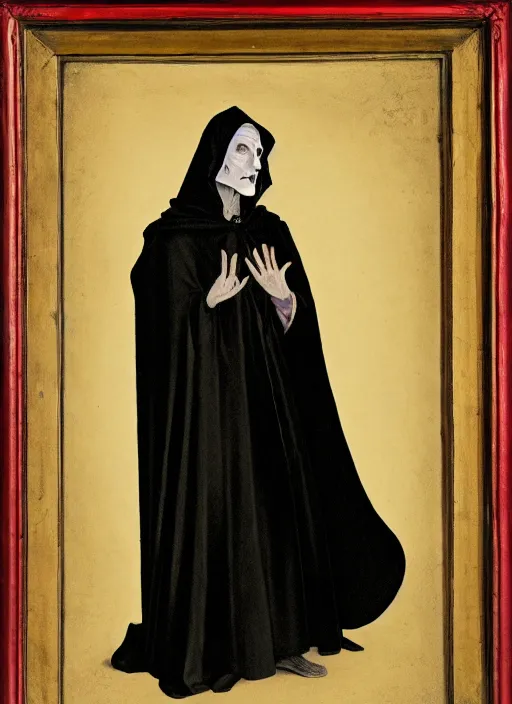 Image similar to fineart illustration of the necromancer, wearing a black cloak, crisp