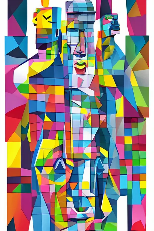 Image similar to cubist moai statue cutout digital illustration cartoon colorful beeple