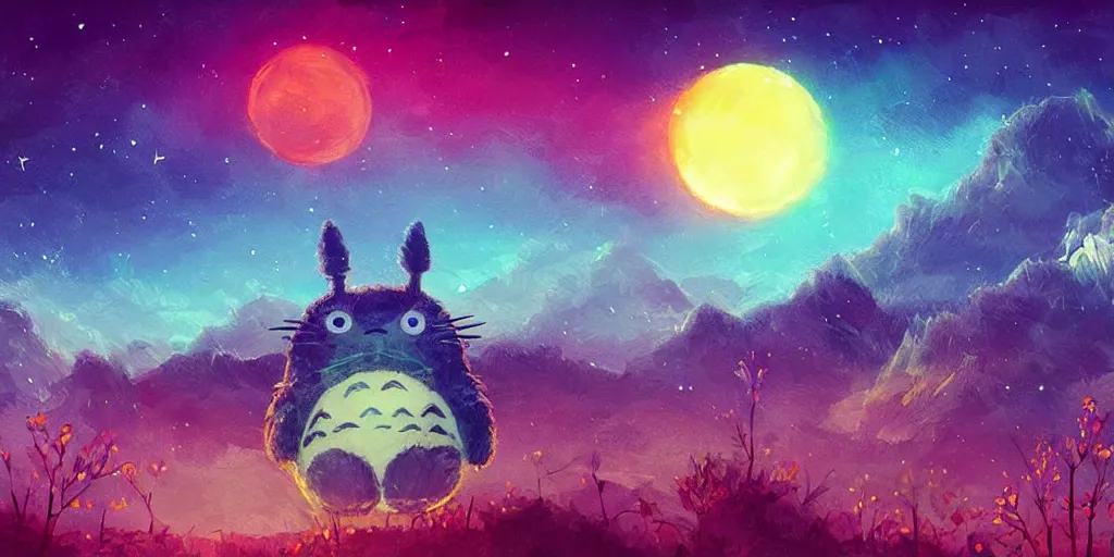 Image similar to glowing wireframe totoro, mountain landscape, night sky, digital art, digital painting, celestial, majestic, colorful