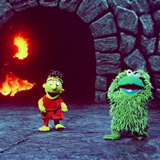 Image similar to “film still of Bert from Sesame Street throwing the one ring into Mount Doom, directed by Peter Jackson”