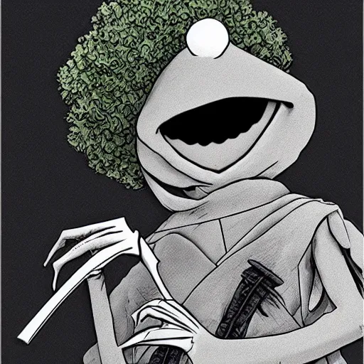 Prompt: Kermit the frog as an anime samurai, style of afro samurai, Key Frame, Top rated of pixiv, High Detail, Medium Shot, Dusk