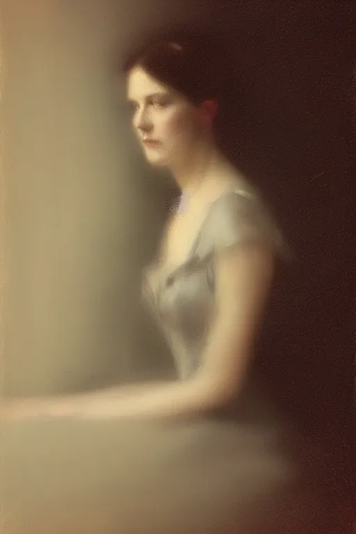 Image similar to detailed cinematic moody colors studio portrait of a victorian lady with a sensual pose with a blurred face high quality by jeremy mann, only one head single portrait