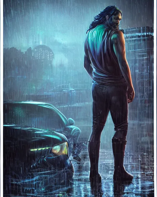 Prompt: An epic fantasy comic book style portrait painting of a very imposing Industrial goth Jason Momoa in the rain, wet hair, neon reflections, character design by Mark Ryden and Pixar and Hayao Miyazaki, unreal 5, DAZ, hyperrealistic, octane render, cosplay, RPG portrait, dynamic lighting, intricate detail, cinematic