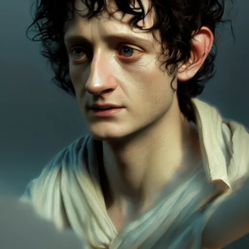 Prompt: selfie of frodo, fine detailed face, long curly hair, stunning 3 d render inspired art by greg rutkowski and xiang duan and thomas eakes, realistic, highly detailed attributes and atmosphere, dim volumetric cinematic lighting, 8 k octane detailed render, post - processing, masterpiece