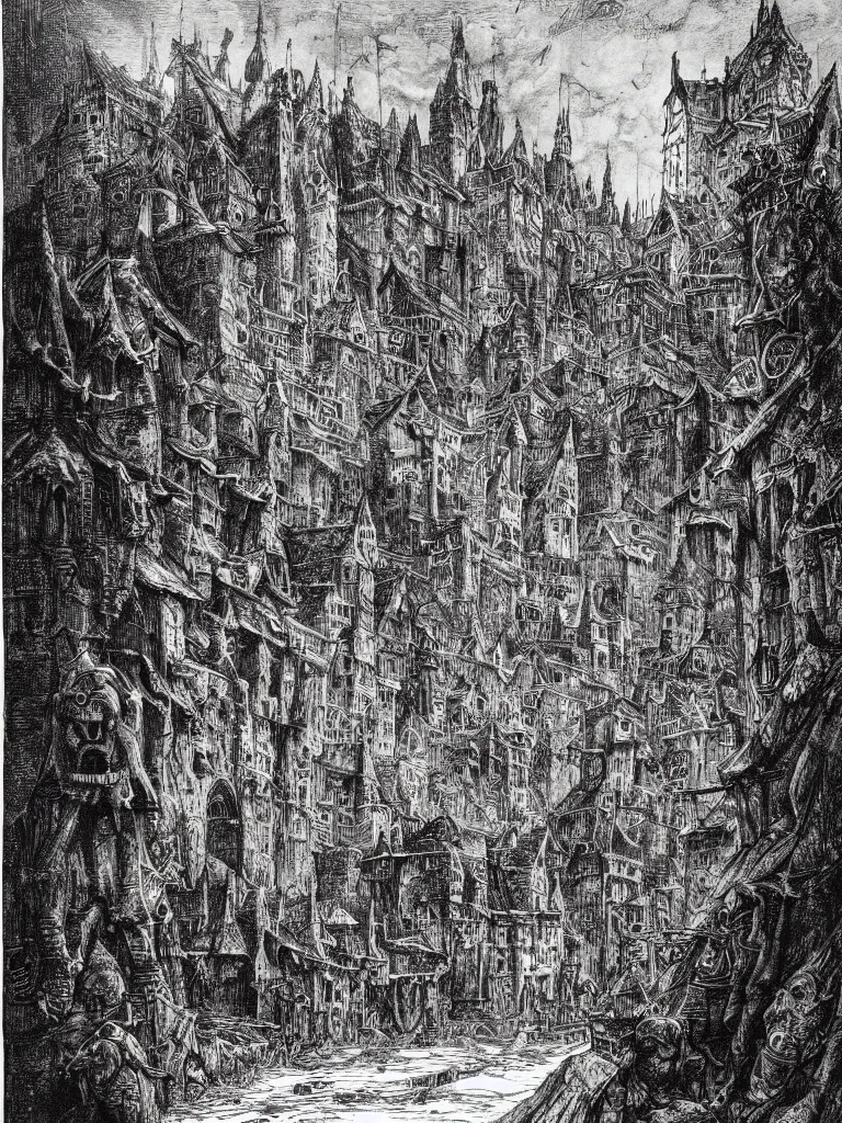 Prompt: a black and white illustration of mordheim, the city of the damned by ian miller, gustave dore, john blanche, albrecht durer, highly detailed, storybook illustration, ink on paper