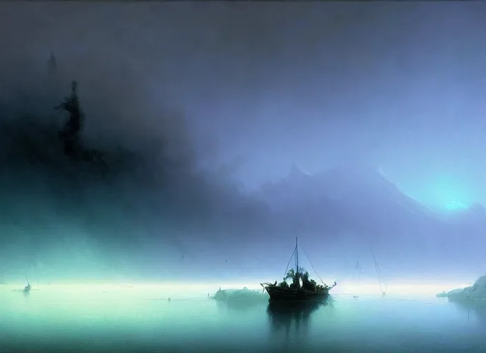 Prompt: blue - turquoise fog in the void, black background hyperrealism, no blur, 4 k resolution, ultra detailed, style of asher brown durand, ismail inceoglu, robert mccall, ivan aivazovsky, syd mead