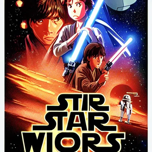 Prompt: film still Poster of Star Wars A New Hope Artwork by Dice Tsutsumi, Makoto Shinkai, Studio Ghibli