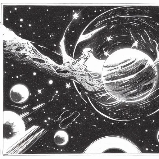 Prompt: Liminal space in outer space by Bernie Wrightson