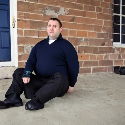 Prompt: clean - shaven chubby chubby chubby 3 2 year old caucasian man from uk. he is wearing navy police sweater and necktie and black boots and police helmet. he is sitting on the porch of his house at night.