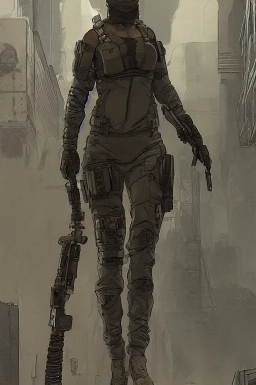 Image similar to Sara the ghost. blackops mercenary in near future tactical gear and cyberpunk headset. Blade Runner 2049. concept art by James Gurney and Mœbius.