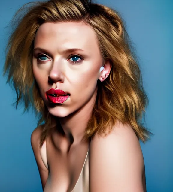 Image similar to portrait photo of Scarlett Johansson:: symmetric face, symmetric eyes, slight smile, photo by Annie Leibovitz, 85mm, teal studio backdrop, Getty images