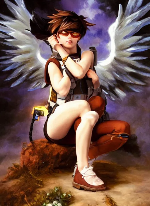 Prompt: oil painting of tracer overwatch in the style of sophie anderson, on knees, angel wings, black outfit,