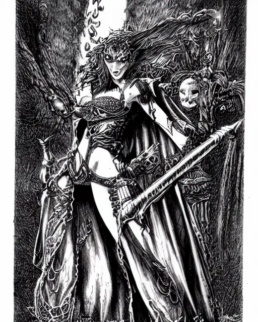 Prompt: pen and ink drawing of a beautiful female vampire, fighting fantasy style image, by steve jackson and ian livingstone, highly detailed