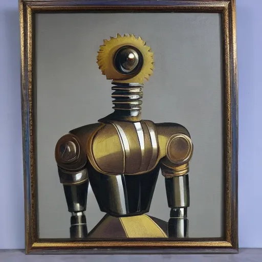 Image similar to oil painting portrait of a steel robot wearing 1 8 th century aristocratic clothing, elegant,