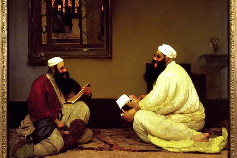 Prompt: the prophet mohammed reading salman rushdies book the satanic verses, being delighted and cheerful, whispering words of wisdom in solidarity, painted by frederick arthur bridgman, vermeer, kinkade, oil on canvas