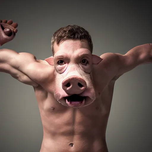 Image similar to Live Action Still Man With Pig Head As Boxer with his hands raised in victory, real life, hyperrealistic, ultra realistic, realistic, highly detailed, epic, HD quality, 8k resolution, body and headshot, film still,Exquisite detail, post-processing, masterpiece, Cinematic Lighting, Unreal Engine, 8k, HD