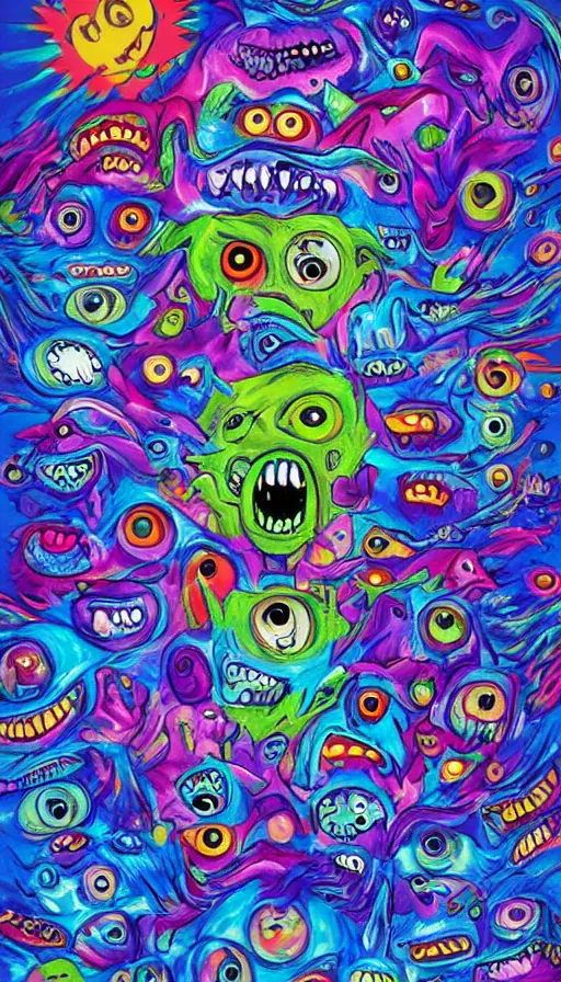 Image similar to a storm vortex made of many demonic eyes and teeth, by lisa frank,